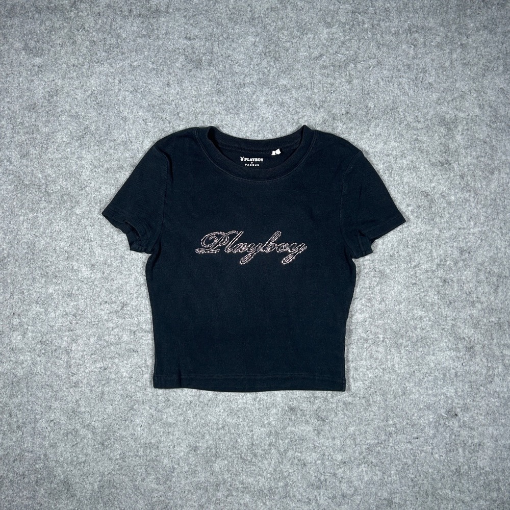 Playboy T Shirt Womens XS Black Rhinestone Logo Ribbed Baby Tee Y2K Streetwear
